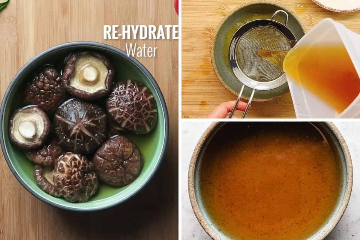 Three images: rehydrating dried shiitake mushrooms in a bowl, pouring liquid through a strainer, and a bowl filled with strained mushroom broth for making Shiitake chicken soup.
