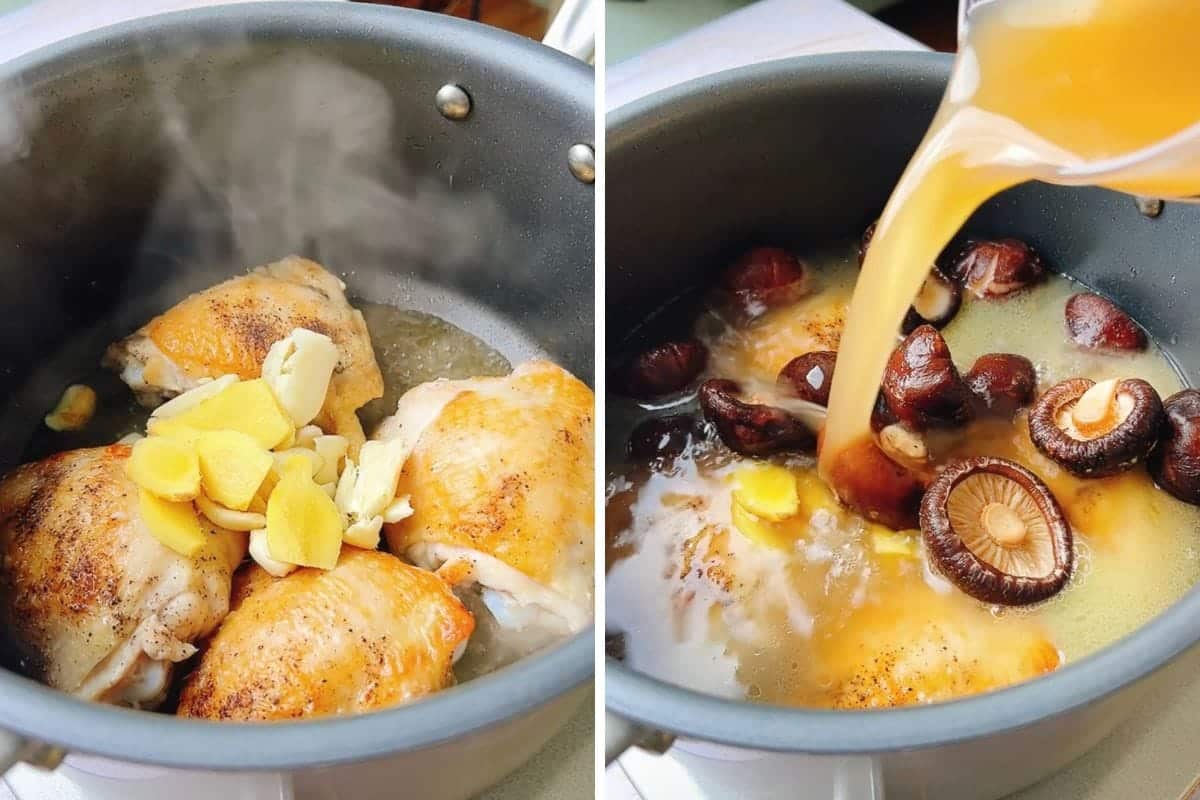 A pot with browned chicken, ginger, and garlic on the left; on the right, broth is being poured over mushrooms, ginger, and chicken for a comforting Shiitake chicken soup.