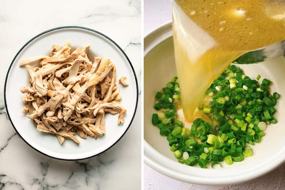 Left: Shredded cooked chicken in a white bowl. Right: Broth for chicken shiitake mushroom soup being poured over chopped green onions in a white pot.