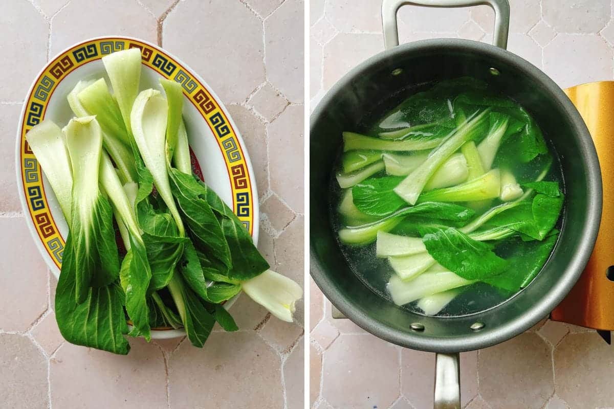 Left: Raw bok choy on a patterned plate, ready to be added to your wonton wrapper noodle bowl. Right: Bok choy blanching in a pot of water on a stovetop—an essential step for preparing fresh greens for your wonton wrapper noodle bowl. Both are set on a light tiled surface.