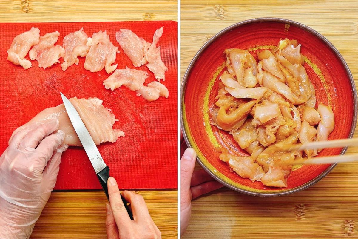 Gloved hands slicing raw chicken breast on a red cutting board, and marinated chicken strips being mixed in an orange bowl on a wooden surface—steps essential for preparing a flavorful Chicken and Shrimp Stir Fry.