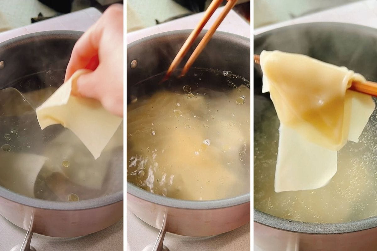 Three panels show a hand adding a wonton wrapper to boiling water, the wrappers cooking, and cooked wonton wrapper being lifted with chopsticks from the pot demoing tips to prevent wonton wrappers from sticking when boiling.