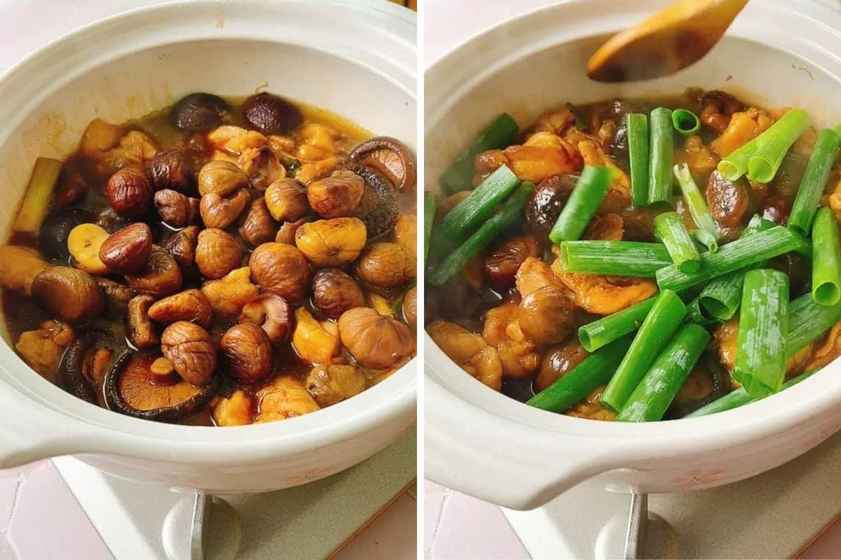 A white pot of Chinese braised chicken with chestnuts and shiitake mushrooms, shown before and after being topped with fresh green onions.
