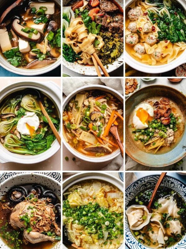 A collage of Asian soup recipes collection featuring bowls of noodles and vegetables with ingredients like meat, mushrooms, leafy greens, dumplings, and soft-boiled eggs.