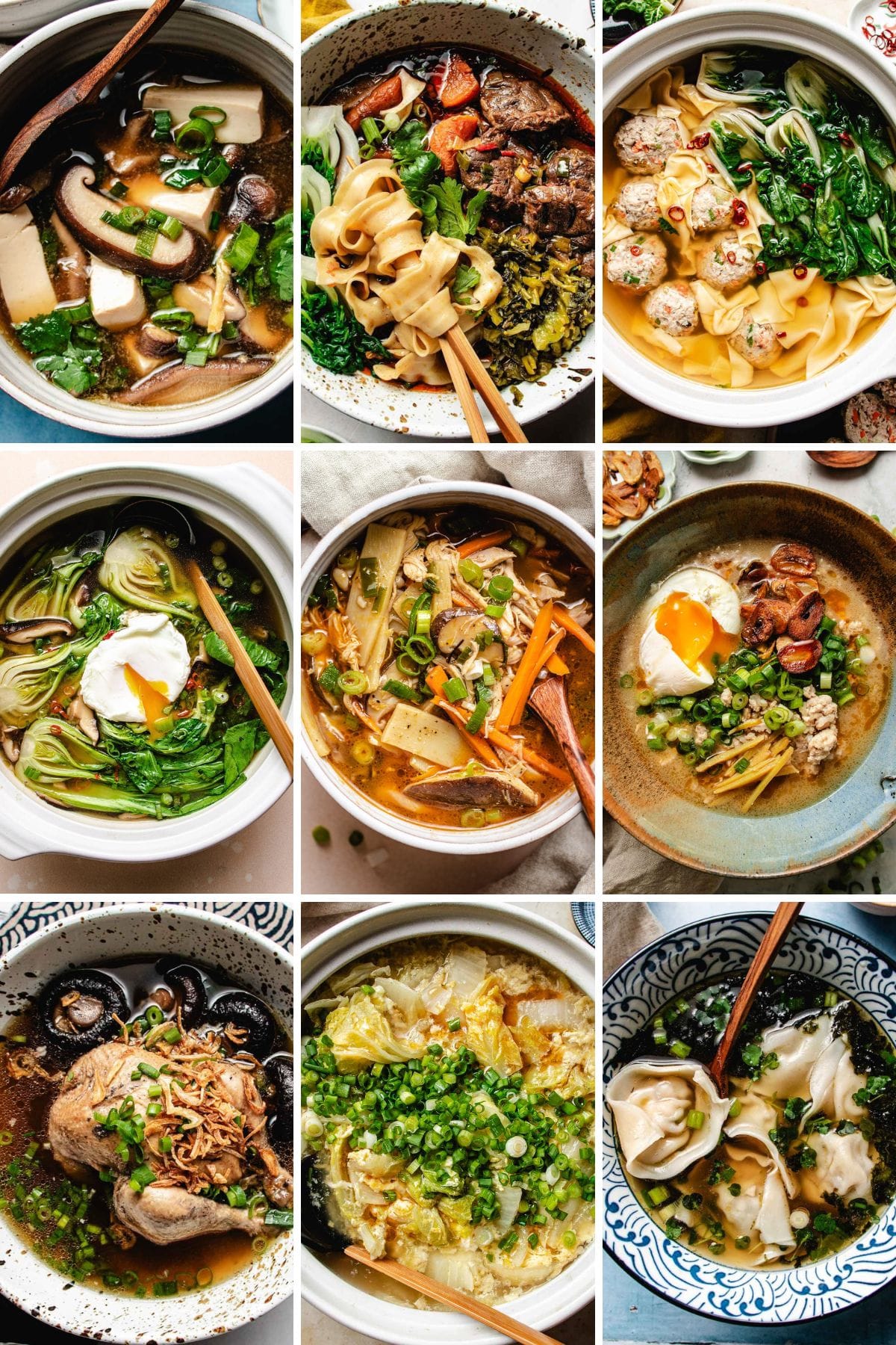 A collage of Asian soup recipes collection featuring bowls of noodles and vegetables with ingredients like meat, mushrooms, leafy greens, dumplings, and soft-boiled eggs.