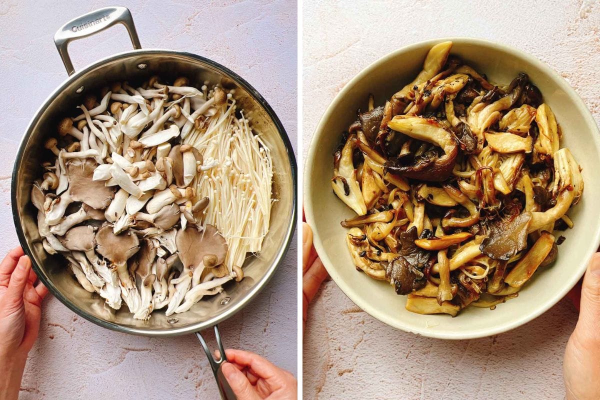 A side-by-side comparison of mushrooms in a large pan before cooking and in a bowl after being browned for miso mushroom crispy rice.