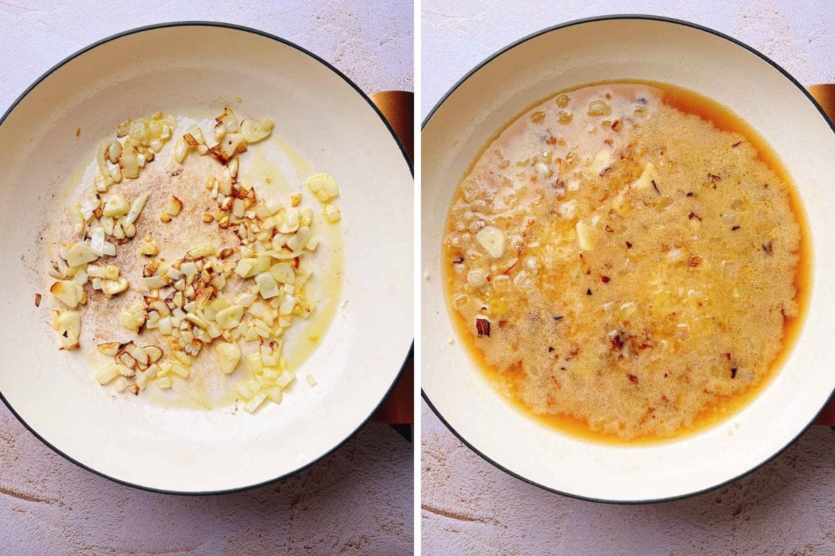 Side-by-side comparison of a skillet with sautéed onions and garlic for miso mushroom crispy rice, followed by the same skillet after adding rice and liquid to deglaze the pan.