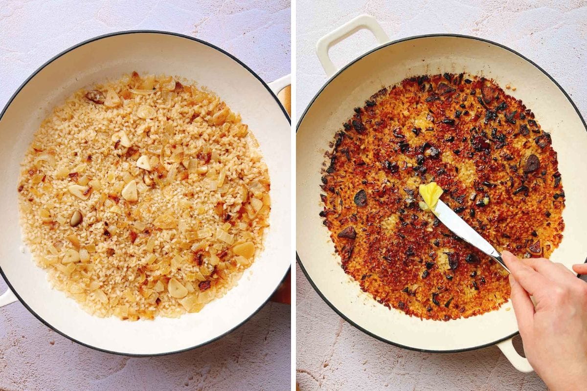 Side-by-side images of a skillet containing miso mushroom with cooked rice , then the rice is crisp up after broiler with a knife spreads a pat of butter over the surface.