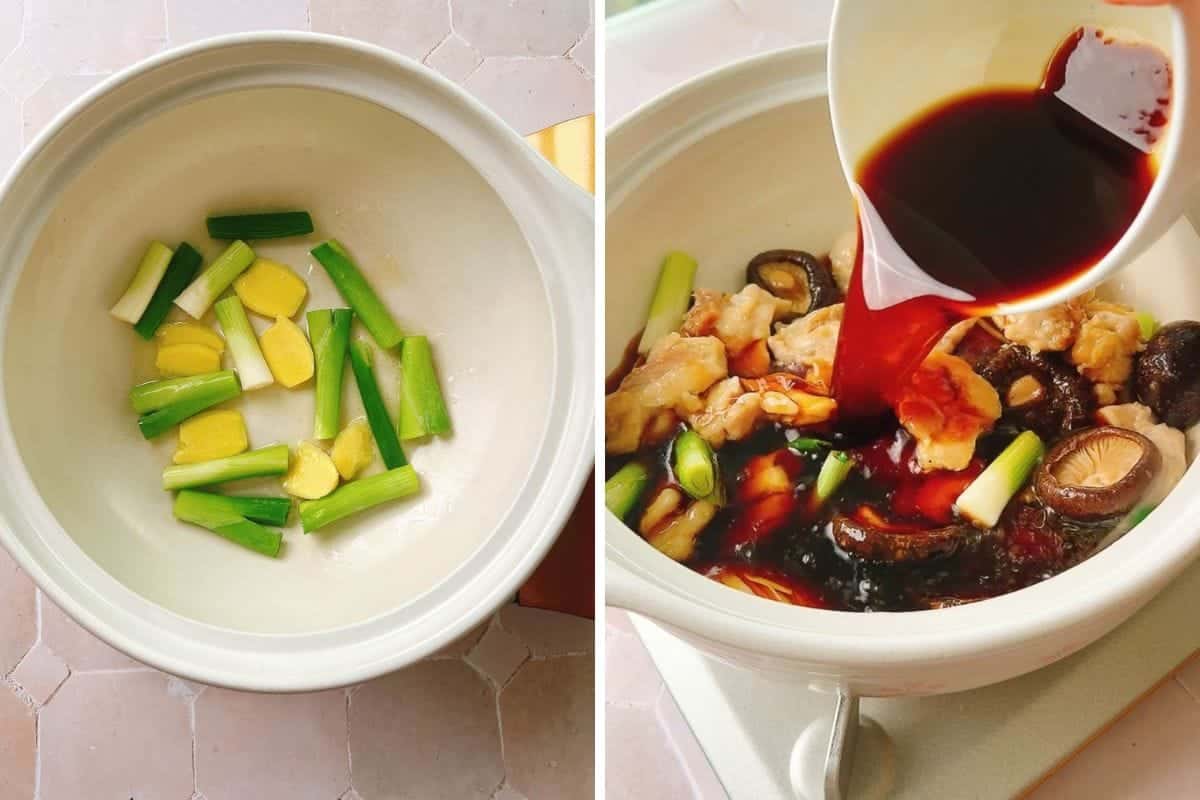 A side-by-side view of a cooking pot, first showing sautéed green onions and ginger, then showing dark sauce being poured over chicken and shiitake mushrooms for Chinese braised chicken with chestnuts.