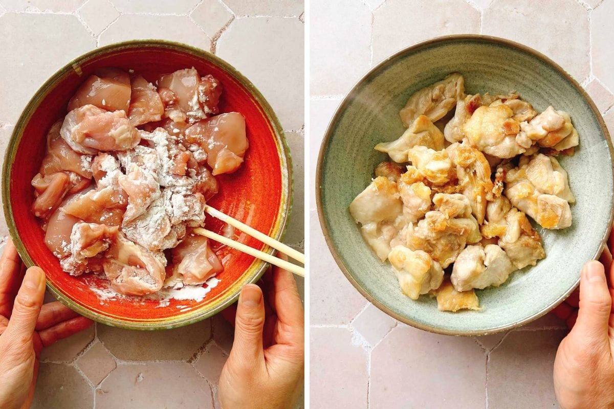 Two bowls showing Chinese braised chicken with chestnuts: raw chicken coated in starch being mixed with chopsticks on the left, and cooked chicken pieces on the right.